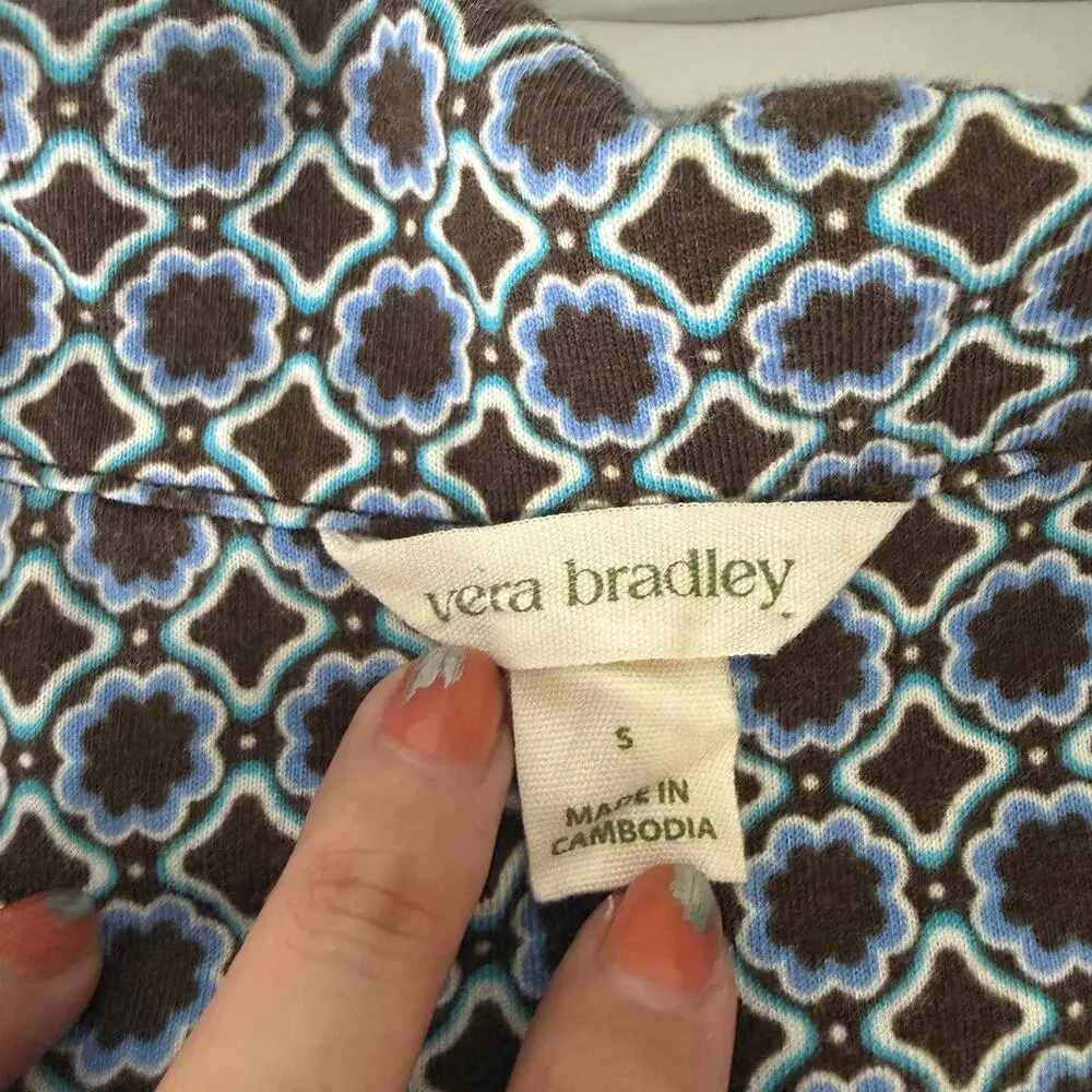 Vera Bradley 100% Cotton Forest Notch Collar Pajama Set Blue Brown Size S